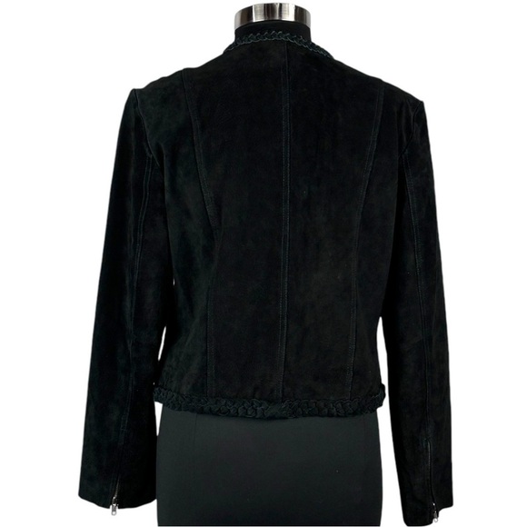 METRO STYLE Y2K SUEDE BLACK LEATHER BRAIDED COLLARLESS MOTO BIKER JACKET - Picture 6 of 15